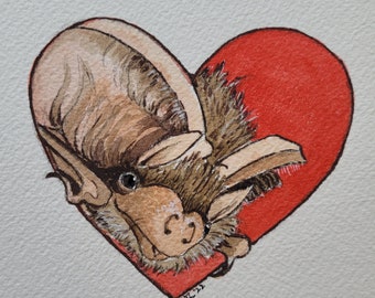 Bat Lovers Card, Ideal for Valentines Day, original design by Liz depicting a Brown long-eared bat in a love heart