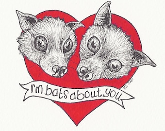 Bat Lovers Card, ideal for Valentine's Day, original design by Liz depicting two flying foxes/ fruit bats