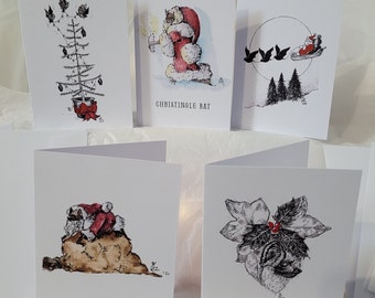 Mixed pack of 5 Bat inspired Christmas Cards featuring Festive Bat Illustrations by Liz