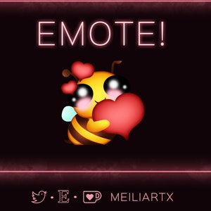 Puede incluir: Ilustración digital de una abeja de dibujos animados sosteniendo un corazón rojo, con corazones en sus antenas. La palabra "EMOTE!" está escrita en letras blancas de estilo neón. El fondo es rosa oscuro con un borde rosa.