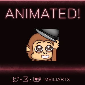 Pode incluir: Animado! texto em neon rosa com um macaco de desenho animado usando um chapéu preto e olhando para a direita. O macaco tem pelo marrom, olhos grandes marrons e um sorriso branco. O fundo é preto.