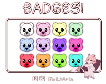 May include: A set of 12 colorful bear face badges. The badges are arranged in a grid of three rows and four columns. The badges are all the same size and shape, and they feature a cartoon bear face with big eyes and a small nose. The badges are in a variety of colors, including white, pink, yellow, green, blue, purple, red, orange, lime green, and turquoise.