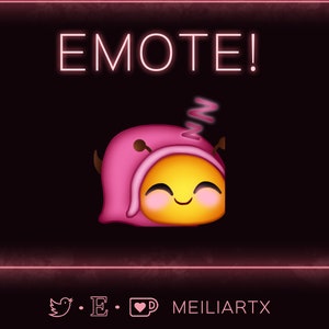 Puede incluir: Una abeja de dibujos animados rosa y amarilla con una manta rosa sobre la cabeza, durmiendo con un ZZZ sobre su cabeza. El texto "EMOTE!" está encima de la abeja. El texto "@E.☕ MEILIARTX" está debajo de la abeja.