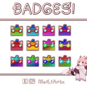 May include: A set of 12 colorful badges featuring a cartoon cat wearing glasses. The badges are arranged in a grid of four rows and three columns. Each badge has a different color and a different design on the glasses. The badges are labeled "BADGES!" at the top.