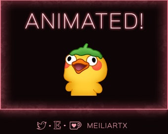 May include: Animated! A yellow cartoon chick with green hair and big eyes is looking to the right. The chick has a pink blush on its cheeks and an open beak. The background is black with a pink neon border and the text "ANIMATED!" in pink neon.