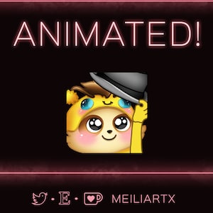 Puede incluir: Ilustración digital animada de un personaje de dibujos animados amarillo que lleva un sombrero y sonríe. El personaje tiene ojos grandes y mejillas sonrosadas. El fondo es negro con la palabra "ANIMATED!" en letras de neón rosa.