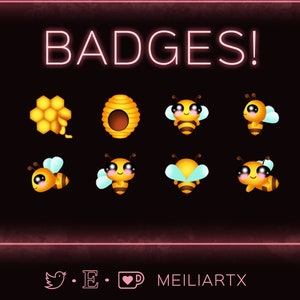 Puede incluir: Un conjunto de ocho insignias digitales con abejas de dibujos animados y panales de miel. Las insignias son amarillas, marrones y blancas con contornos negros. El texto "BADGES!" se muestra en letras de neón rosa en la parte superior de la imagen.