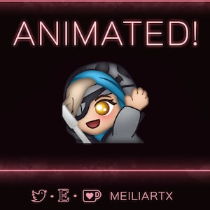 May include: Animated digital art with a cartoon character waving. The character has blonde hair, a blue hood, and a white eye patch. The word "ANIMATED!" is in pink neon letters above the character. The background is black with a pink border.