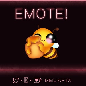 Peut inclure: Une abeille de dessin animé avec de grands yeux et un rouge sur les joues tient un pot de miel. Le texte "EMOTE!" est écrit en lettres néon roses au-dessus de l'abeille. Le texte "E. MEILIARTX" est écrit sous l'abeille.