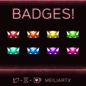 Puede incluir: Ocho insignias de colores brillantes en forma de gato con un diseño blanco en el centro. Las insignias están dispuestas en dos filas de cuatro. El texto "BADGES!" se muestra en letras de neón blancas sobre las insignias.