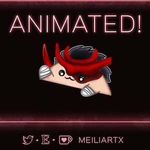 Puede incluir: Ilustración digital animada de un personaje de dibujos animados rojo y negro con ojos grandes y un casco rojo y negro. El personaje está sobre un fondo negro con el texto "ANIMATED!" en letras de neón rosa en la parte superior de la imagen. El texto "@.E.☕ MEILIARTX" está en la parte inferior de la imagen.