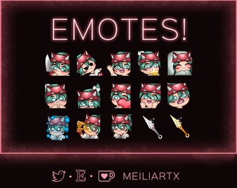May include: A set of 15 digital emotes featuring a cartoon character with green hair and a red hat. The emotes show the character in various poses and expressions, including smiling, winking, and holding a heart. The text "EMOTES!" is displayed at the top of the image.