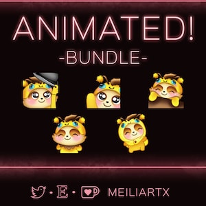 May include: Animated bee emoji bundle with five different expressions. The bee is wearing a yellow and black bee costume with a cute face. The expressions include a bee wearing a hat, a bee with its eyes closed, a bee with its mouth open, a bee with its arms crossed, and a bee with its arms raised.