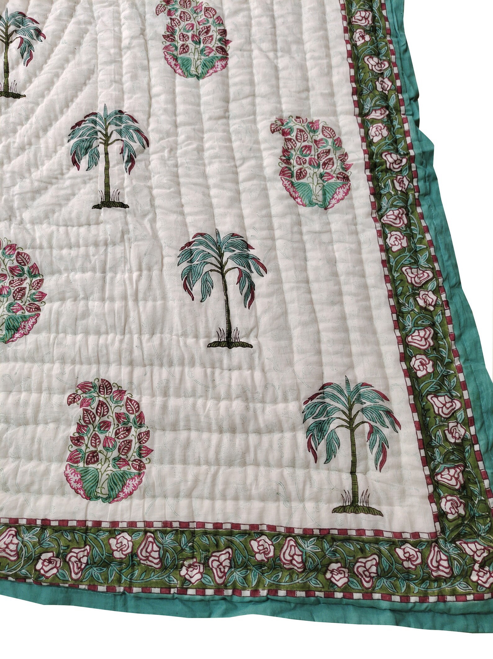 Reversible Block Print Quilt Handmade Palm Tree Printed Rajai Etsy