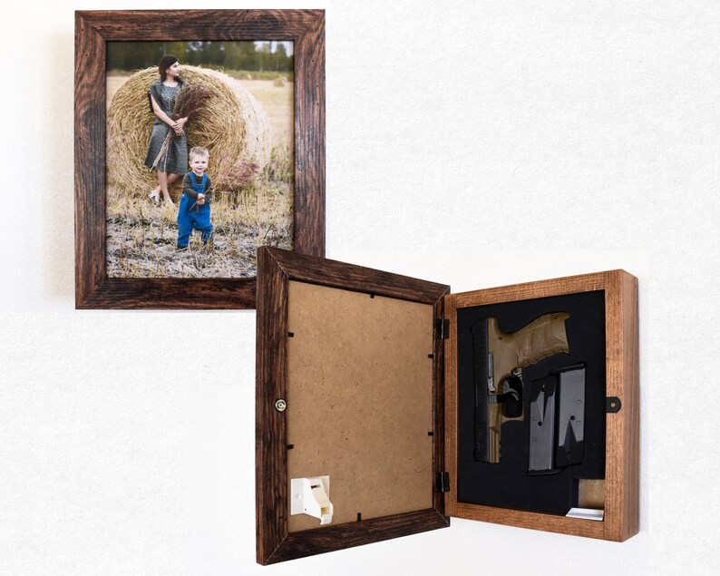 Concealment Picture Frame, 8x10 or 5x7 Hidden Gun Storage, Wooden Wall Hanging Gun Case, Concealment Furniture, Hidden Compartment Lock Box image 1