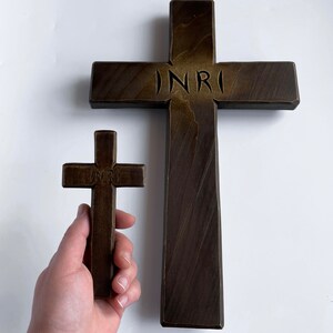 Dark Wooden Cross, Rustic Cross for Wall, Wooden Religious Cross, INRI ...