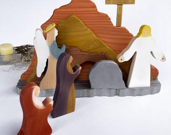 Hölzernes Ostergrab, moderne Krippe, Dekorationen für Tischdekor, Auferstehungsszene, religiöse Ostergeschichte