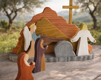 Hölzerne Auferstehungsszene Ostern, kleine handgemachte Krippe, religiöse stehende Figur, leeres Grab, christliche Geschenke für Kinder