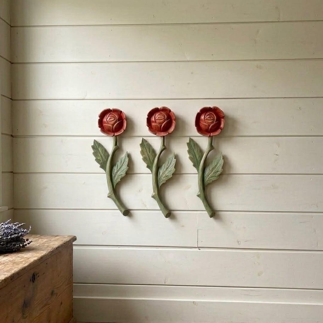 Handcrafted Wooden Red Rose With Stem, Carved Flower, Handmade Floral ...