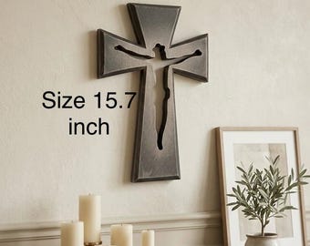 Crucifijo rústico de madera, cruz de Jesucristo de madera para colgar, decoración sencilla para el hogar y la oficina.