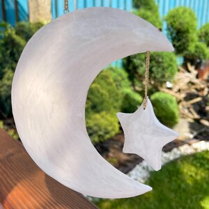 Wooden Carved Crescent Hanging Moon and Star, 3D moon Ornament for Bedroom Nursery Office Decor, Large Rustic Wall Art, Celestial Garland