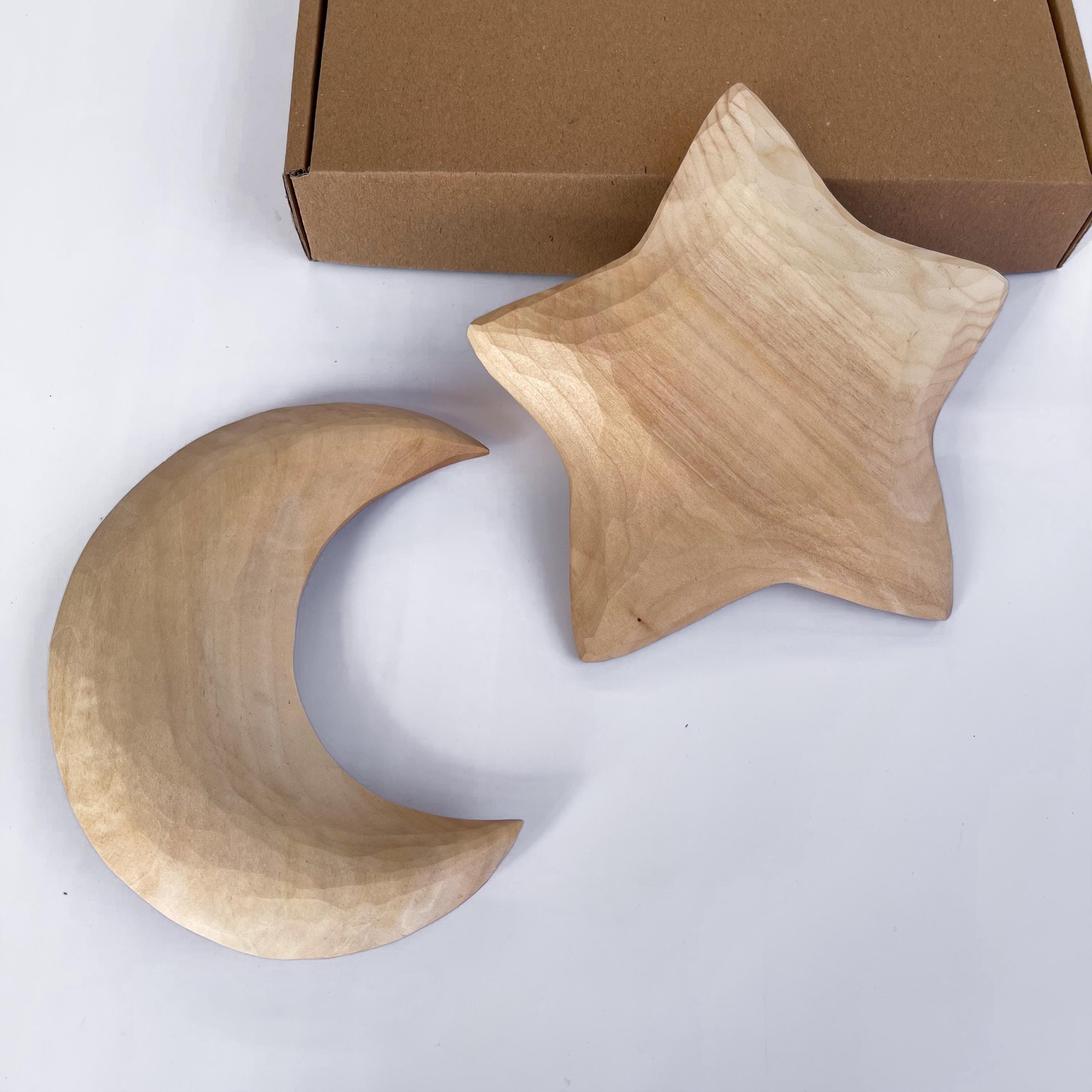 Wooden Hand Carved Moon, Unfinished Small Crescent Moon and Stars