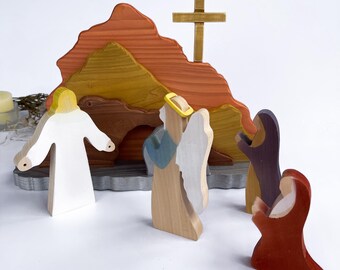 Holz Ostern Krippe mit Jesus, Kinderspielset leeres Grab, hölzerne christliche Figurendekorationen für Zuhause