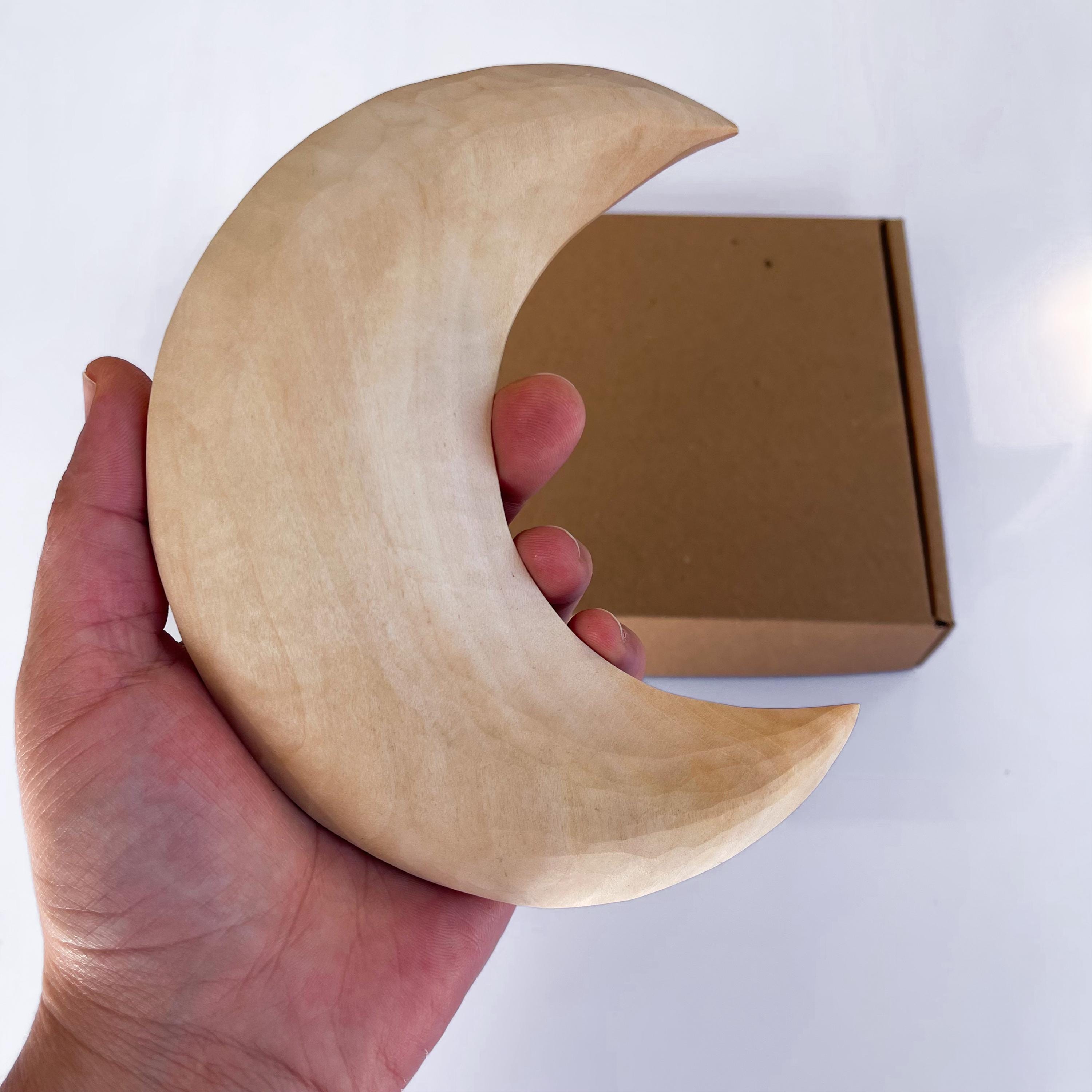 Wooden Hand Carved Moon, Unfinished Small Crescent Moon and Stars