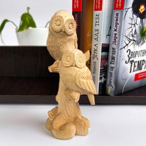 Two Wooden Owls on Branch, Owl Statuette, Carved Rustic Owls Shelf Decor, Wooden Forest Standing Animal, Unique Figurine for Home