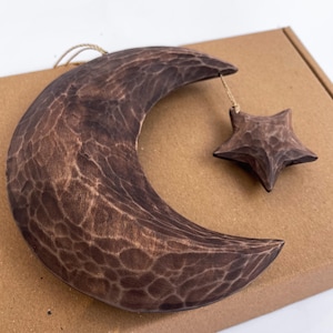 Hölzerner Halbmond 3d, großer Mond und kleiner Stern, handgeschnitzte Mond-Wohnzimmer-Dekoration, himmlische Hausverzierung, hängendes Fenster, Tür
