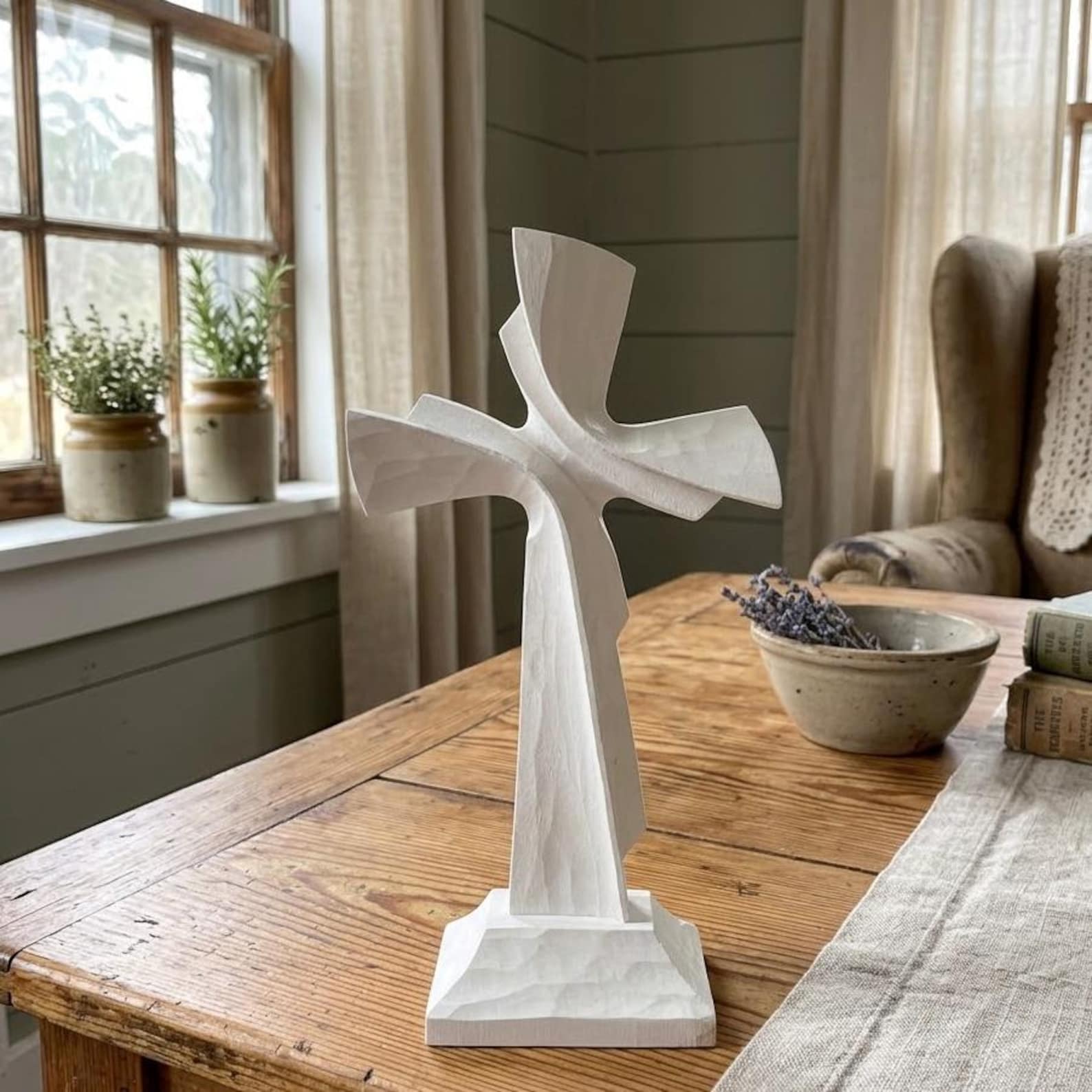 Wooden White Free Standing Cross, Unique Cross for Table Decor, Christian Gifts Kids, Rustic Crucifix, Altar Crucifix Home Accents
