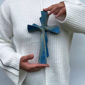Wooden Cross Wall, Hand Carved Cross, Hanging Cross, Crucifix Catholic, Rustic Cross Wall Art, Painted Cross for Home, Blue Wall Cross