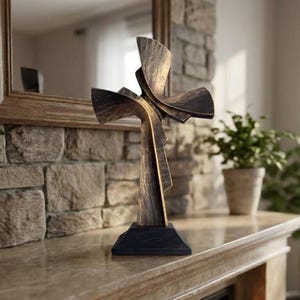 Wooden Carved Standing Cross, Unique Religious Centerpieces, Small and Large Christian Cross Decor, Rustic Altar Crucifix, Gift for Him