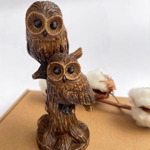 Carved Wooden Owls on Branch Statue, Small Figurine Ornament for Shelf, Unique Gift for Bird Lovers