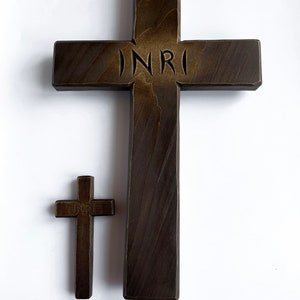Dark Wooden Cross, Rustic Cross for Wall, Wooden Religious Cross, INRI ...