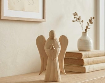 Wood Angel Carved, Tabletop Statue, Decorative Sculpture for Home, Wooden Religious Gift