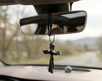 キリスト教の車用ミラークロスギフト、木製旅行用祈りのチャーム、小型ポケット信仰の十字架（黒）