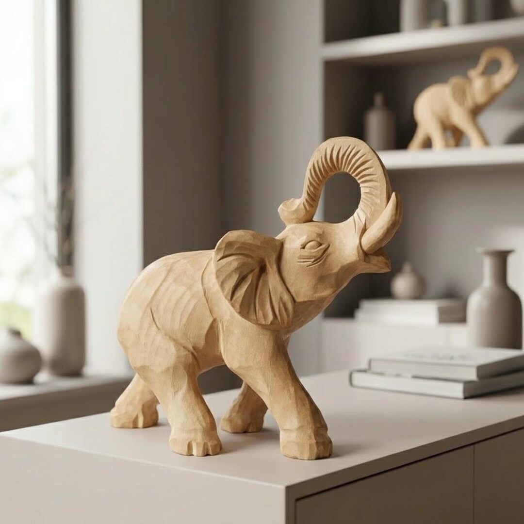 木製の小さな彫刻が施された象、マントルピース用の立ち姿の小像