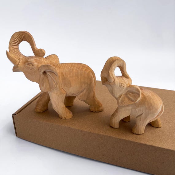 Hand Carved Wooden Elephant Standing Figurine, Rustic  Elephant Figurine Small Hand Carved Wood Statue Animal Decor main image 0