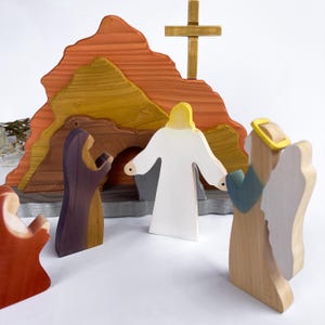 Drewniany grób wielkanocny, zestaw do zabawy dla dzieci na szopkę wielkanocną, ekspozycja zmartwychwstania, pusty grób z figurką, wielkanocne prezenty religijne