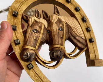 Carved Wooden Horseshoe with Horse Heads, Handmade Rustic Wall Decor, Good Luck Gift, Equestrian Hanging Art, Unique Western Decor
