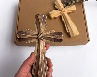 Hand Carved Small Wooden Cross, Rustic Basswood Crucifix, Catholic Home Decor