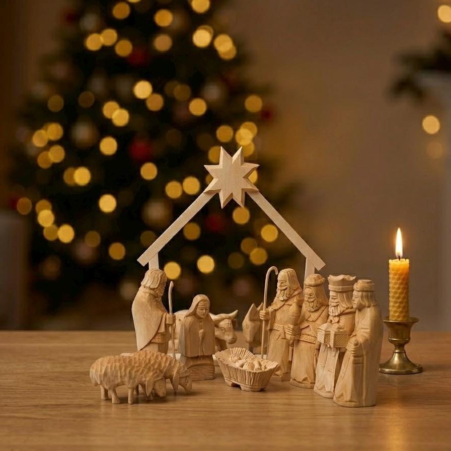 大型キリスト降誕セット、木製手彫りフィギュア、クリスマス降誕シーン