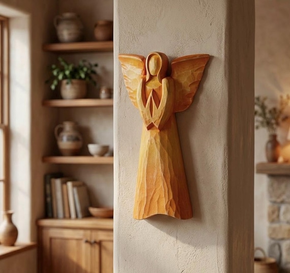 Wooden Wall Carved Angel, Farmhouse Wood Hanging Decor, Religious