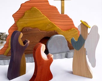 Holz Oster-Set, Krippe Holz Dekor, Krippe, Moderne Krippe, Auferstehung Dekor, Ostergrab, Christliche Osterdeko