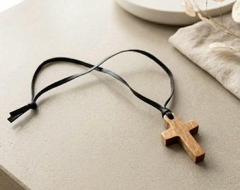 Small Wooden Cross Charm for Car Mirror, Rustic Faith Gift
