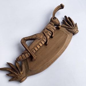 Carved Wooden Grasshopper Wall Figurine, Rustic Sculpture for Kids Room Decor, Natural Wood Bug Theme Decor, Handmade Unique Grasshopper Art