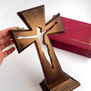 Dark Wooden Cross on Stand, Carved Crucifix, Wooden Christian Decor, Minimalist Altar Cross, Prayer Room Accessories, Wooden Crosses Large