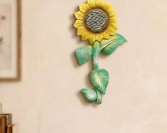 Hand Carved Sunflower Wood Wall Decor, Small Hanging Gift, Modern Stemmed Flower Art, Living Room Accent