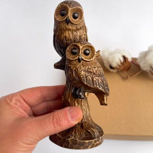 Wooden Carved Owls on Branch, Decorative Figurine  for Shelf, Unique Handmade Gift for Bird Lover, Miniature Forest Animal